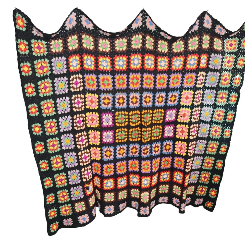 Vintage Granny‎ Square Crochet Blanket 60x50 Black Multicolor